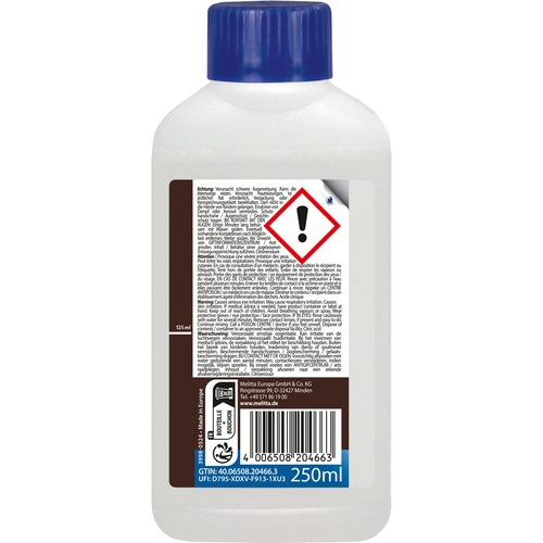 Flasche mit Warnhinweis, 250ml, enthält Zitronensäure, verursacht Augenreizung, Hautirritation, Atemwegsreizung.
