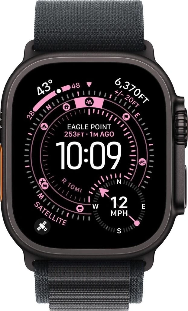 Eine schwarze Smartwatch zeigt die Uhrzeit 10:09 an, mit Wetterdaten und Höhenangaben.
