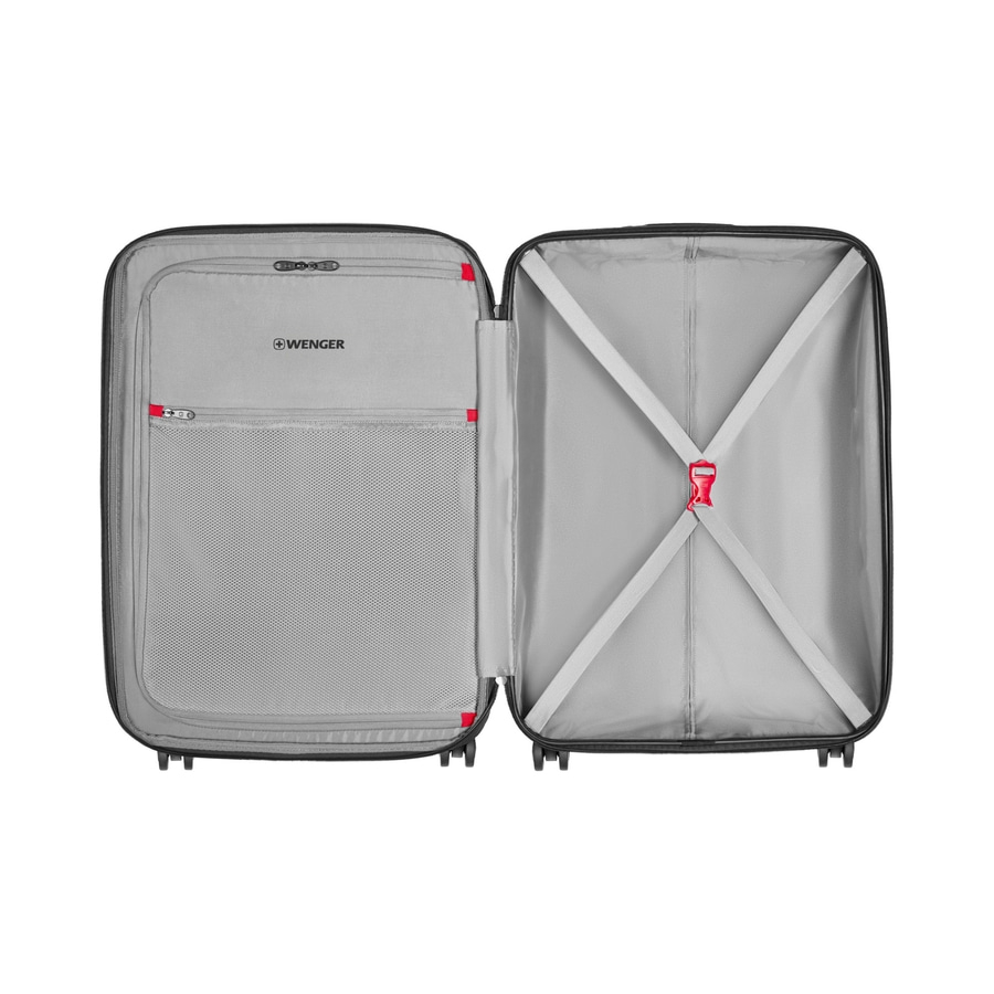Offener Koffer mit grauer Innenausstattung und roten Akzenten, Marke Wenger.