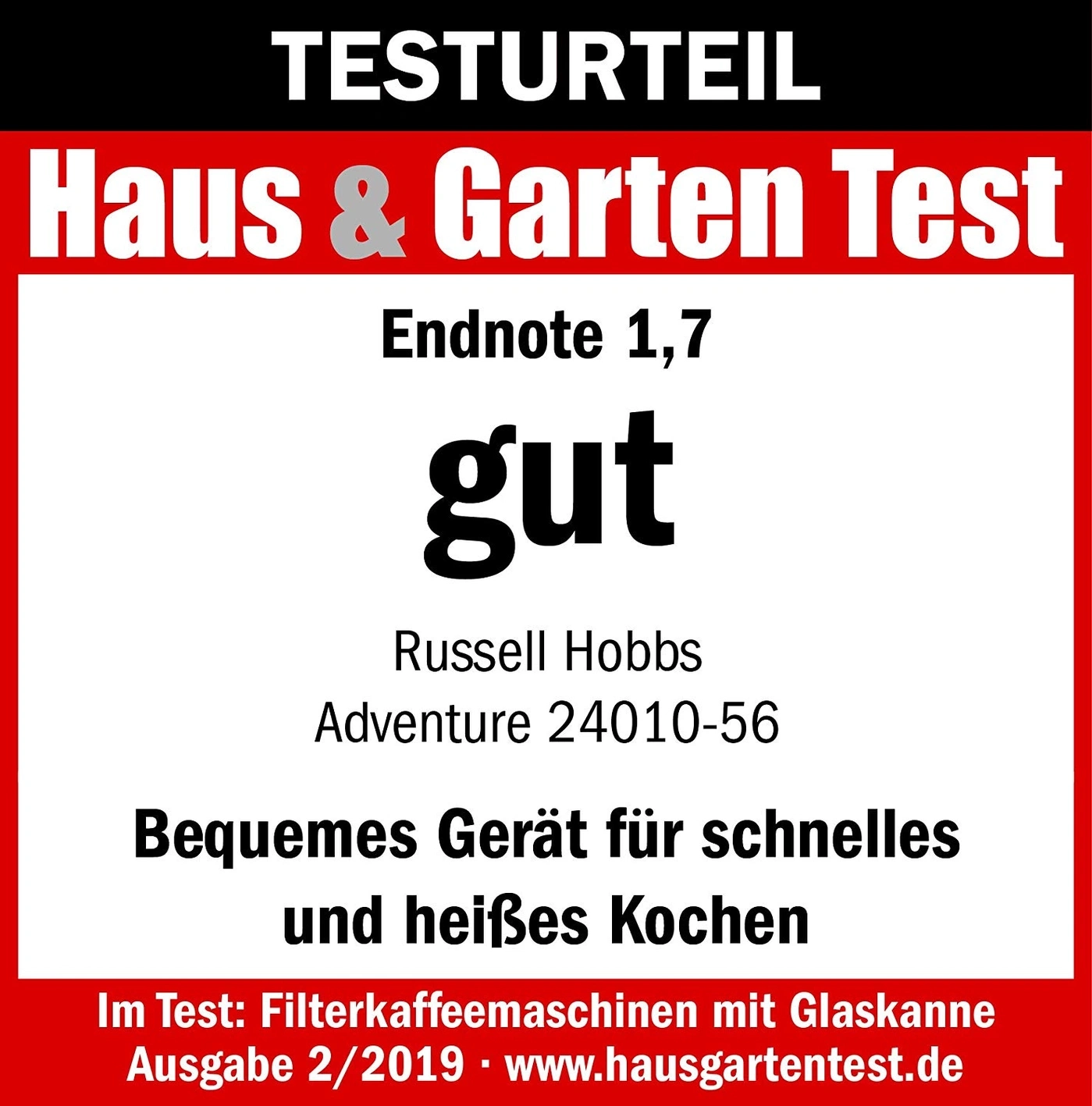 Testurteil Haus & Garten Test, Endnote 1,7, gut, Russell Hobbs Adventure 24010-56, Filterkaffeemaschinen.