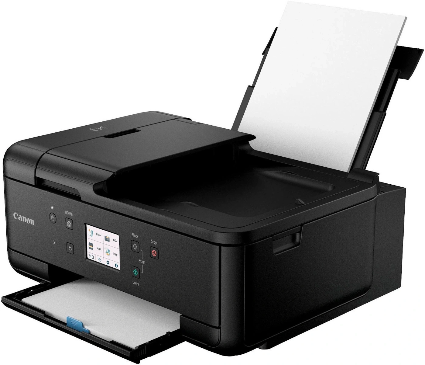 Ein schwarzer Canon-Drucker mit Papier im Einzug und Ausgabefach.