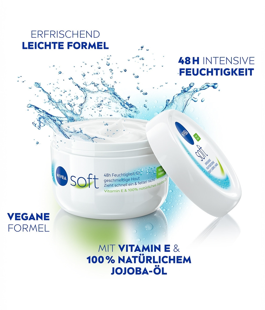 Nivea Soft Creme, vegane Formel, 48h Feuchtigkeit, Vitamin E und Jojoba-Öl