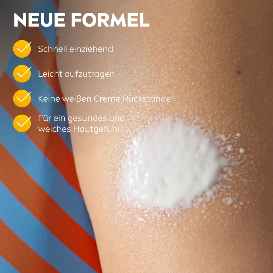 Neue Formel, schnell einziehend, leicht aufzutragen, keine weißen Rückstände, weiches Hautgefühl.