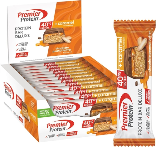 Premier Protein Riegel "Chocolate Peanut Butter" mit 40% Protein und Karamellgeschmack.