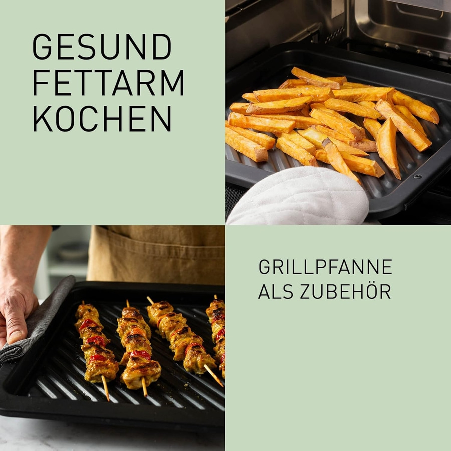 Gesund fettarm kochen mit Grillpfanne als Zubehör. Pommes und Spieße.