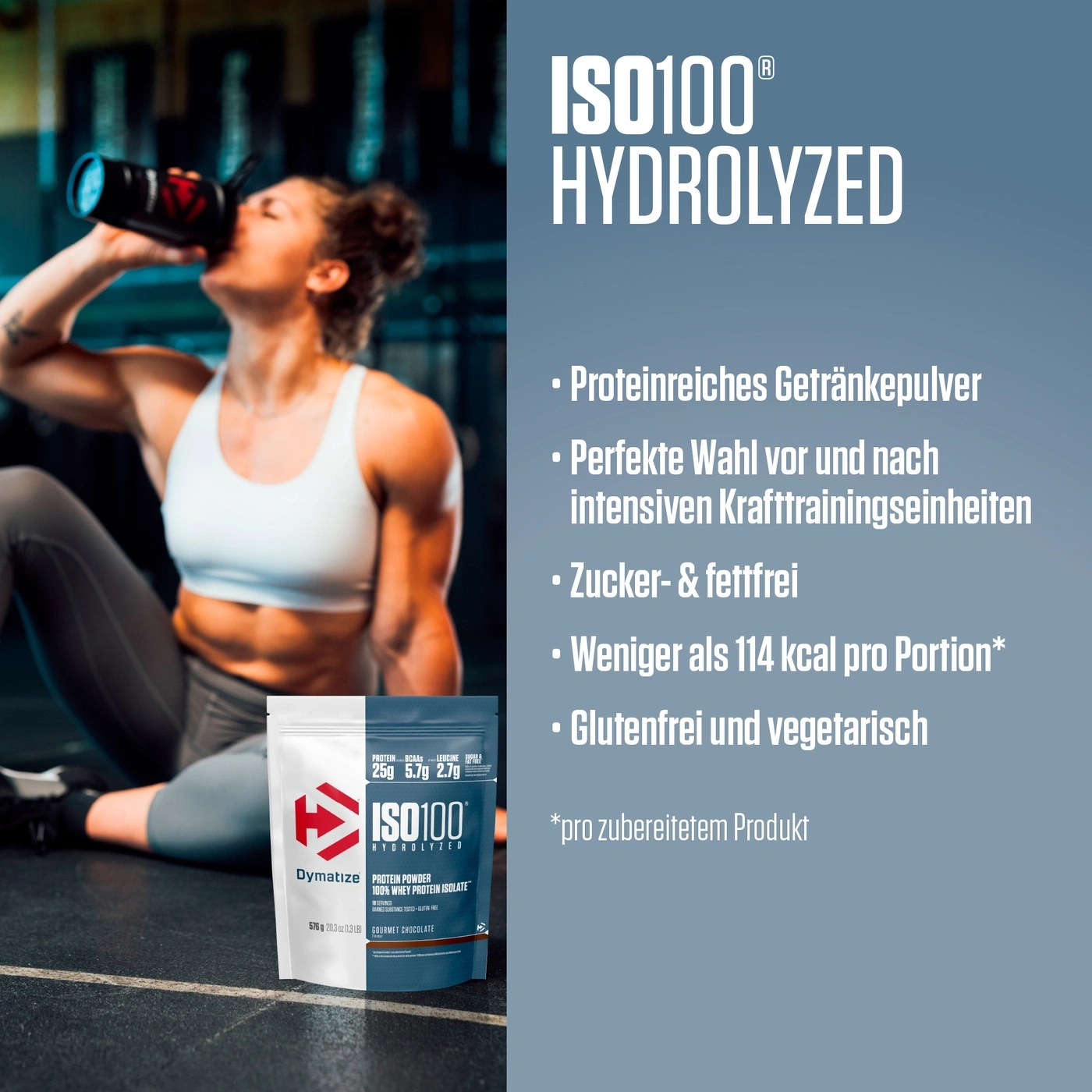 Proteinshake-Werbung: Frau trinkt, Produkt ISO100, Vorteile, glutenfrei, vegetarisch, weniger Kalorien