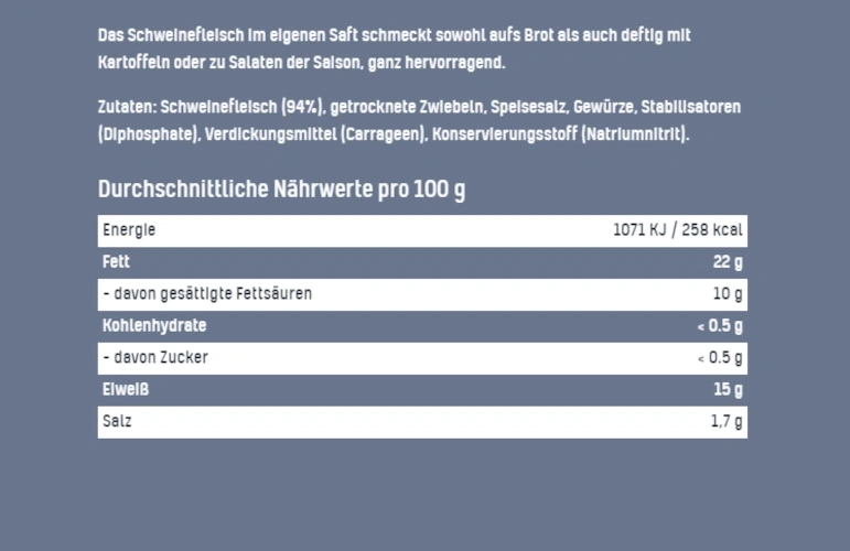 Nährwertangaben für Schweinefleisch im eigenen Saft