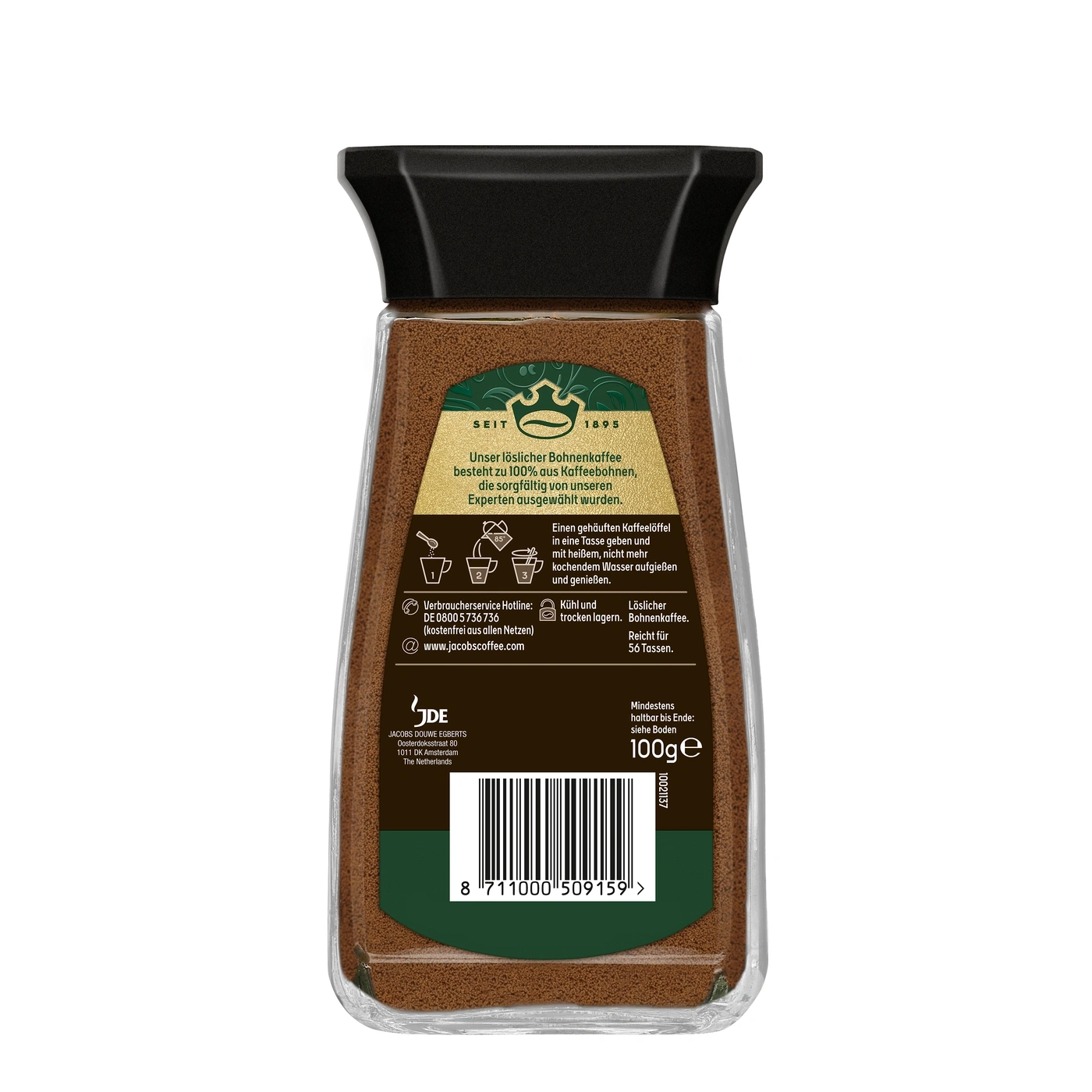 Kaffeeglas mit Instantkaffee und Zubereitungshinweisen.