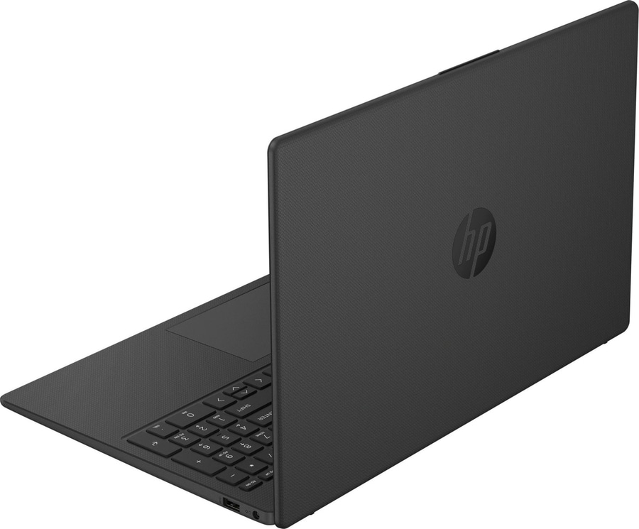 Schwarzer HP Laptop, der teilweise geöffnet ist, mit Tastatur und Logo.
