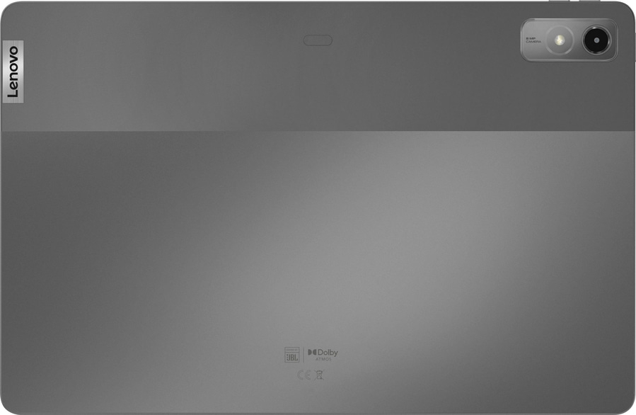 Graues Lenovo-Tablet mit Kamera, JBL-Sound und Dolby Atmos-Logo.