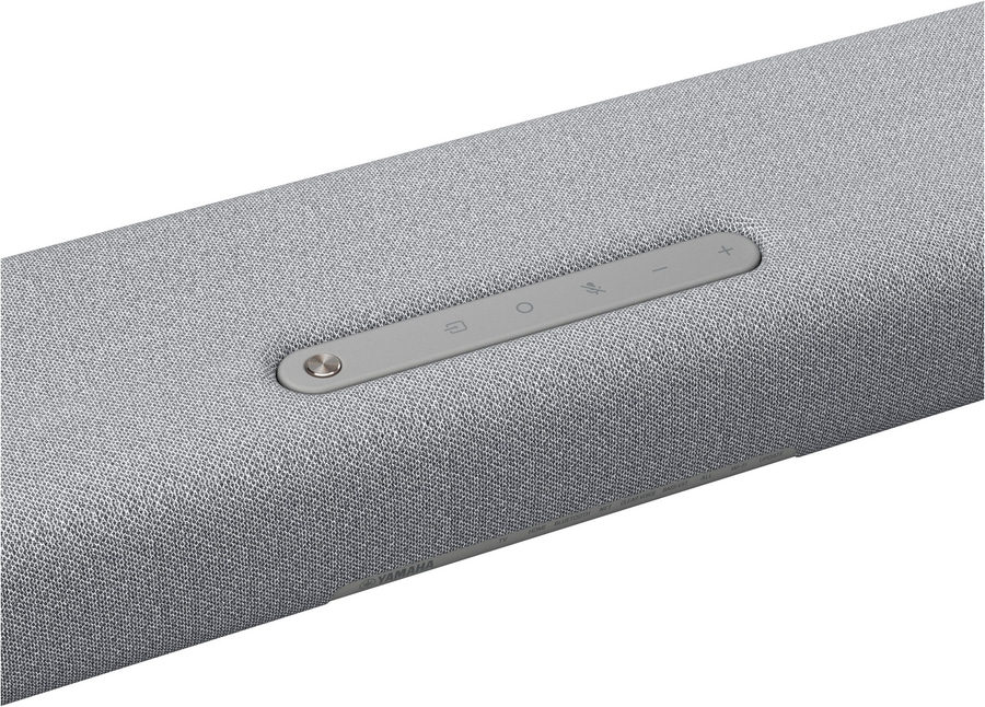 Grauer Lautsprecher mit Knöpfen und Yamaha-Logo. Steuerung für Lautstärke und Funktionen.