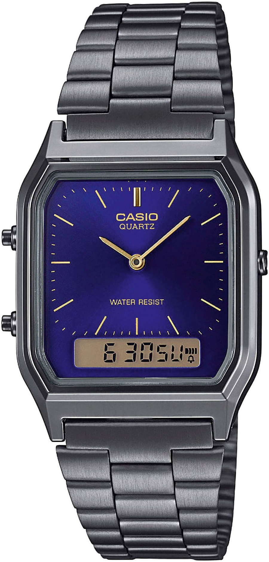 CASIO VINTAGE Armbanduhr AQ-230EGG-2AEF Quarz Chronograph 30 x 39 mm B-WARE Casio Uhr mit blauem Zifferblatt und Metallarmband, Digitalanzeige.