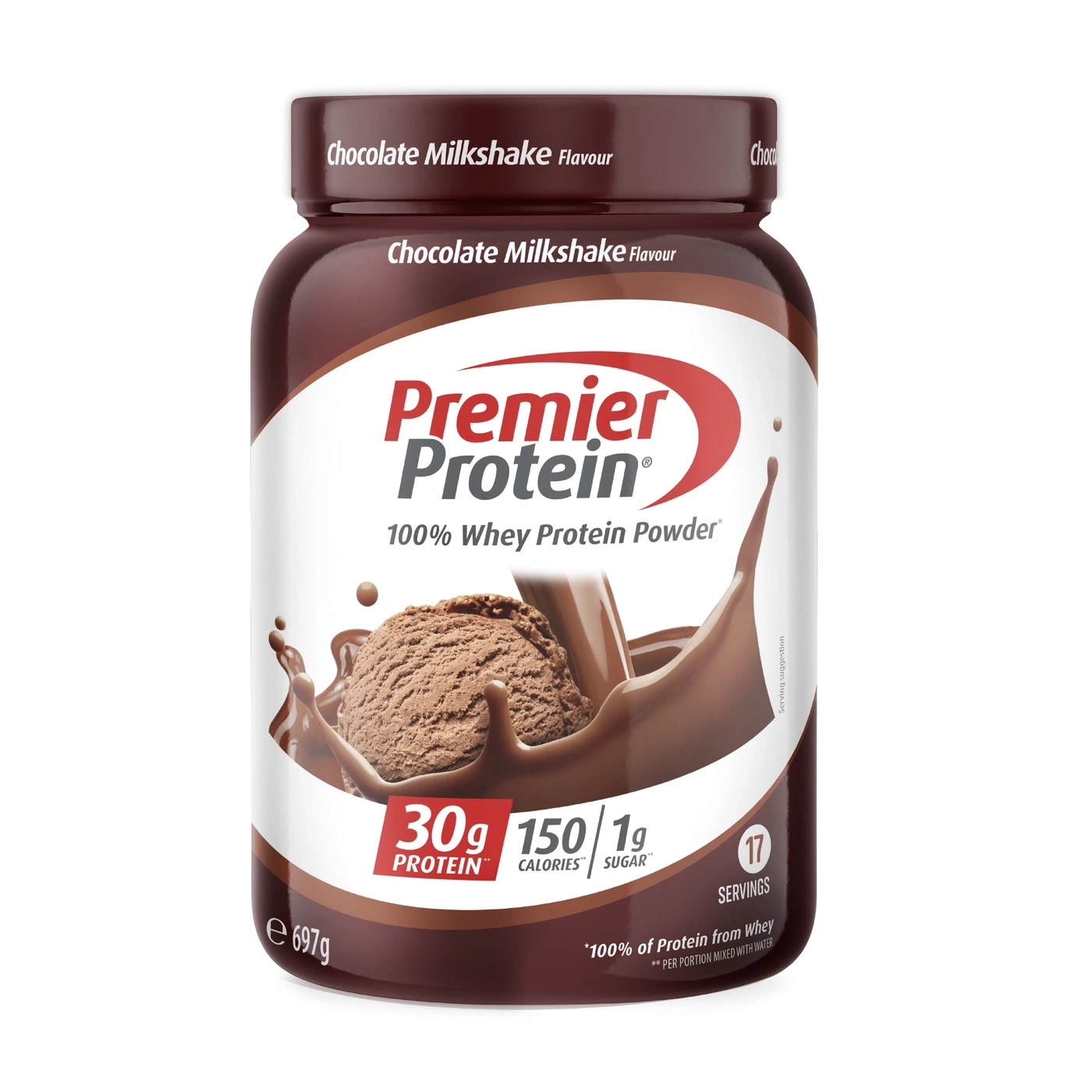 Premier Protein Schoko Milchshake Pulver auf weißem Hintergrund