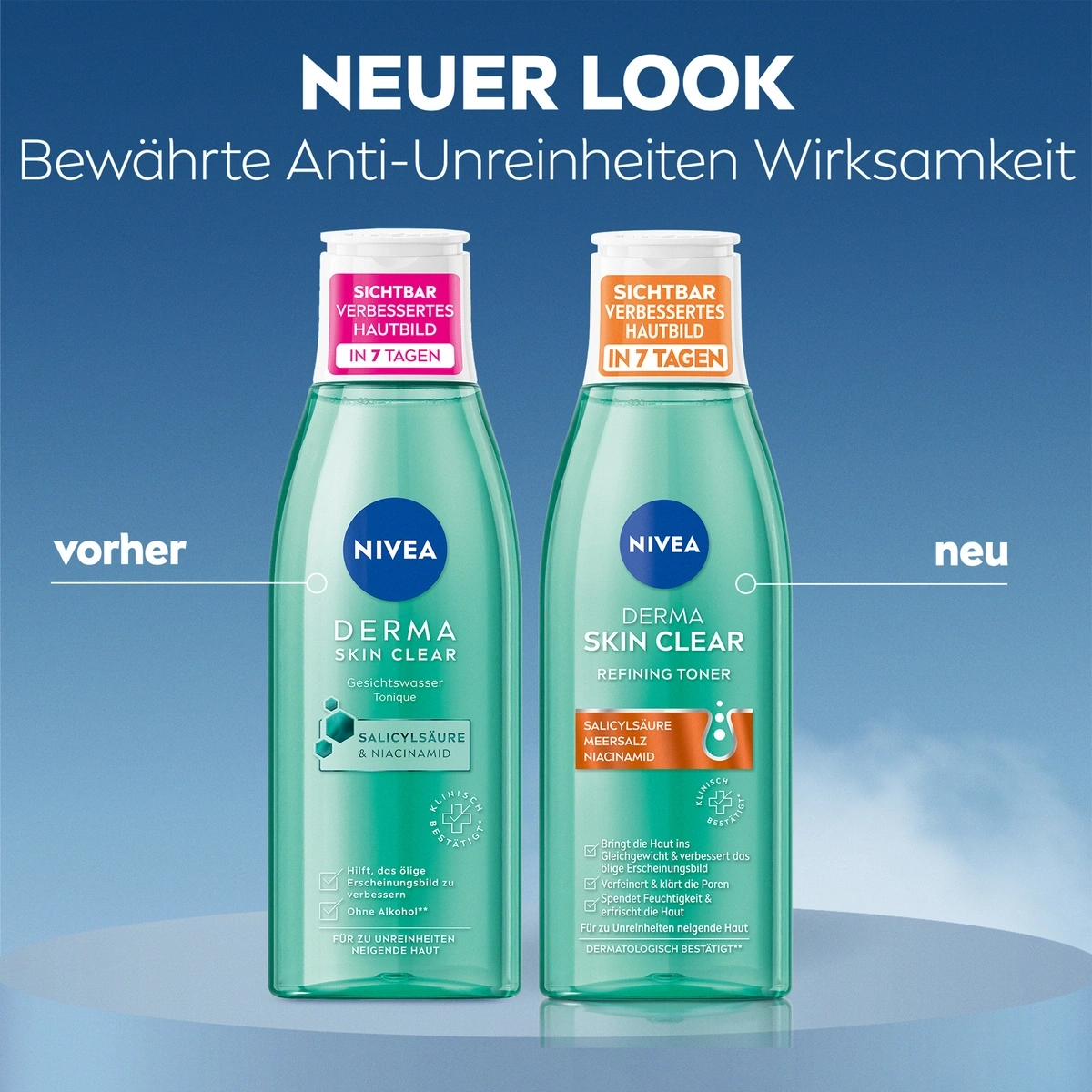 Nivea Derma Skin Clear Gesichtswasser, vorher und neu, Anti-Unreinheiten