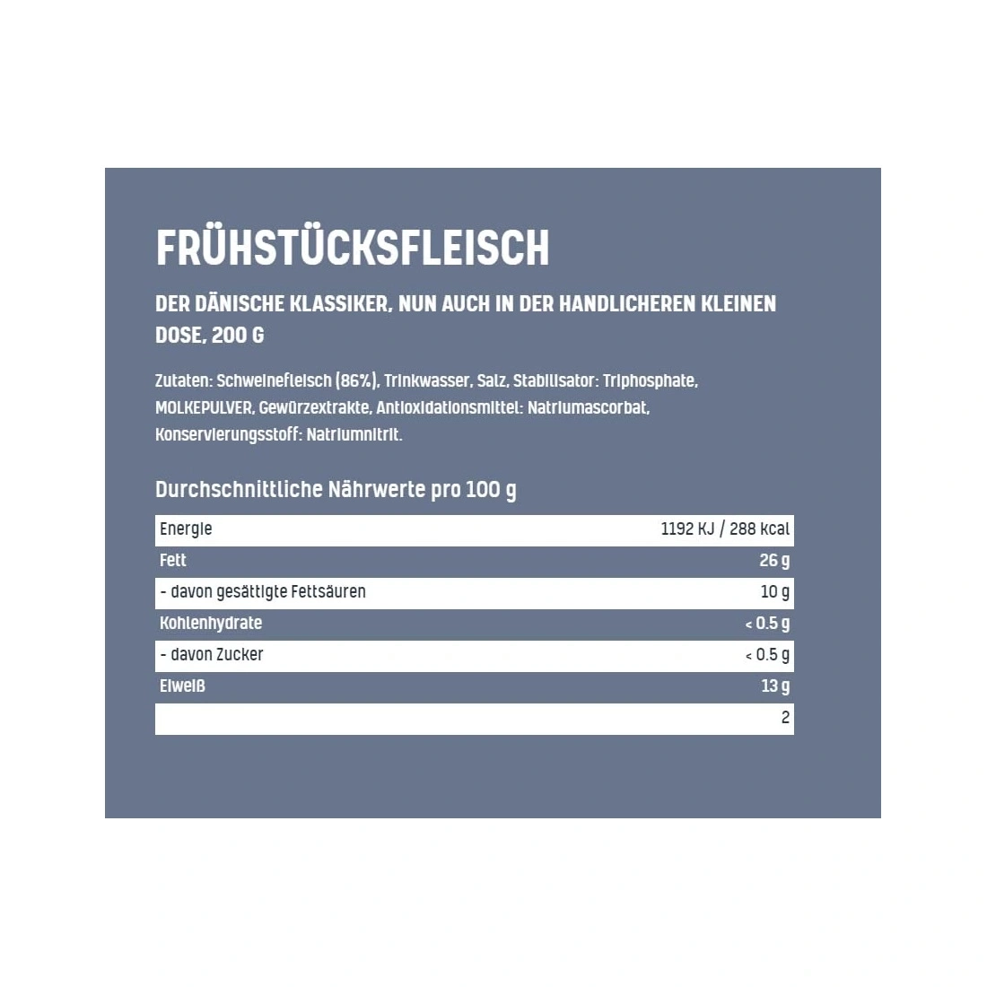 Frühstücksfleisch, Nährwertangaben pro 100g, Zutatenliste