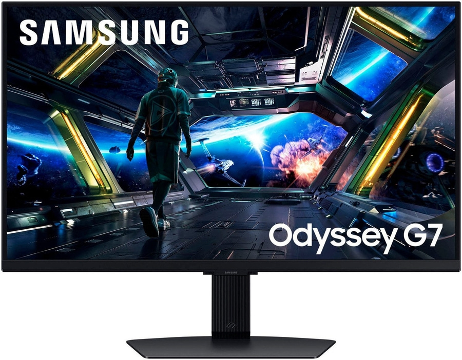 Samsung Odyssey G7 Monitor zeigt ein Weltraum-Spielszene mit einem Astronauten
