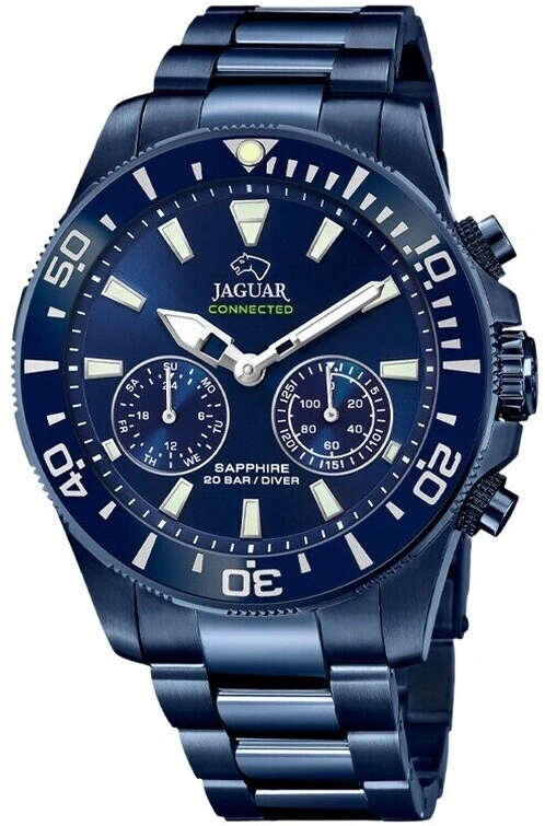 Blaue Armbanduhr mit zwei Zifferblättern und silbernen Zeigern