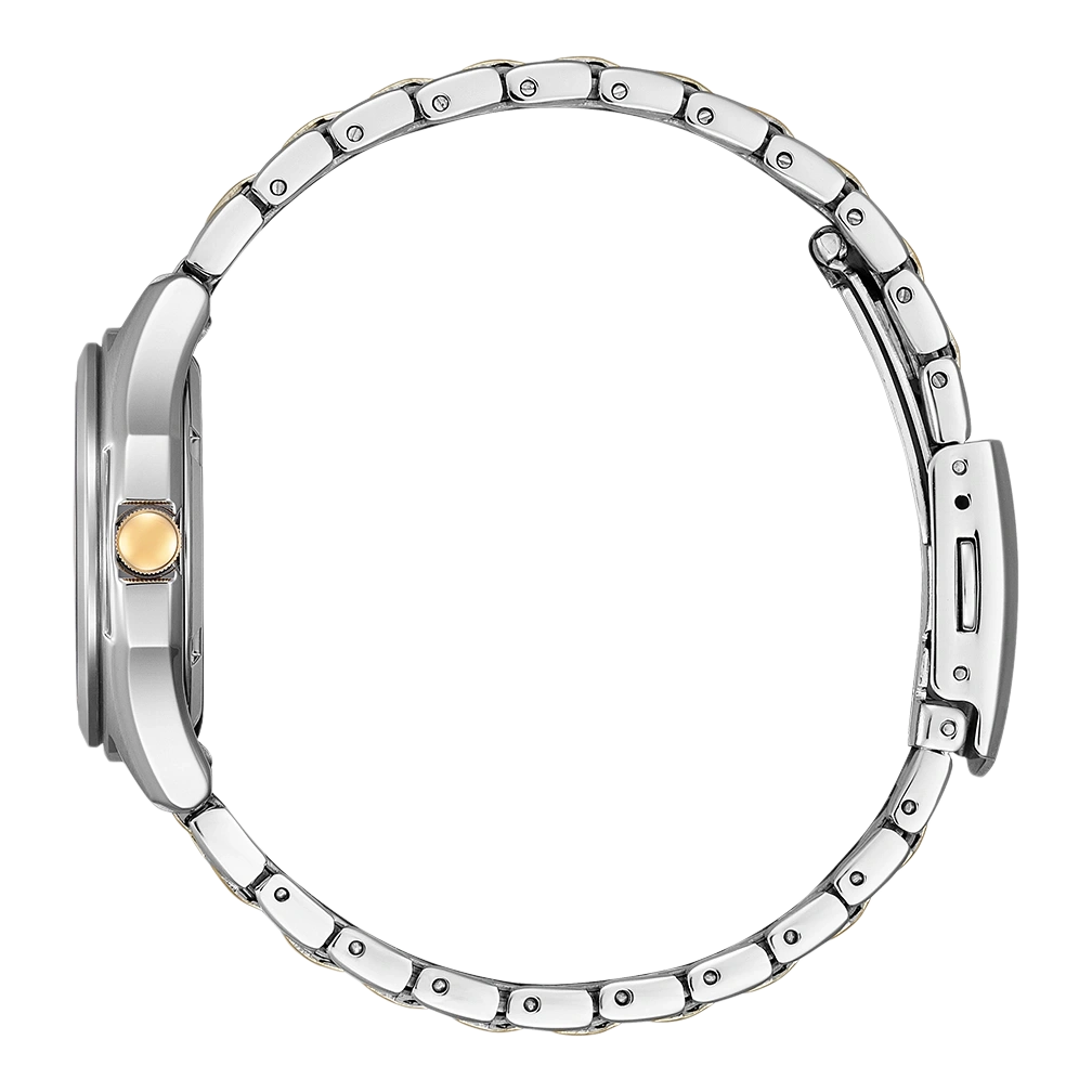 Uhr, silbernes Gehäuse, goldenes Zifferblatt, silbernes Armband, goldene Akzente, Seitenansicht