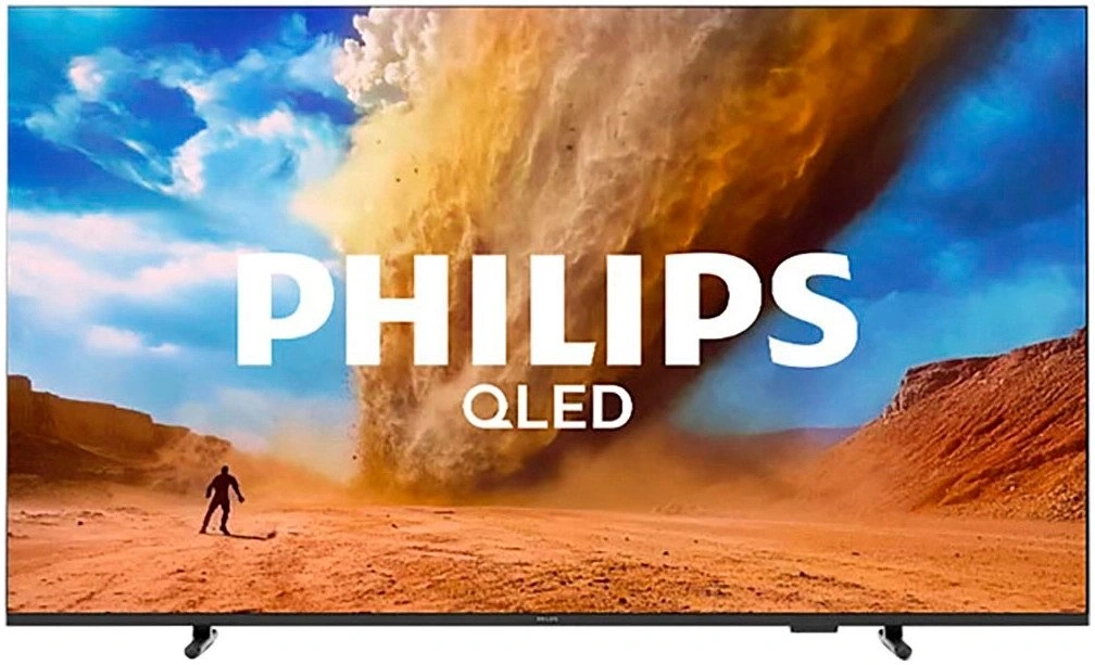 Philips QLED TV mit beeindruckendem Bild in einer Wüstenlandschaft.