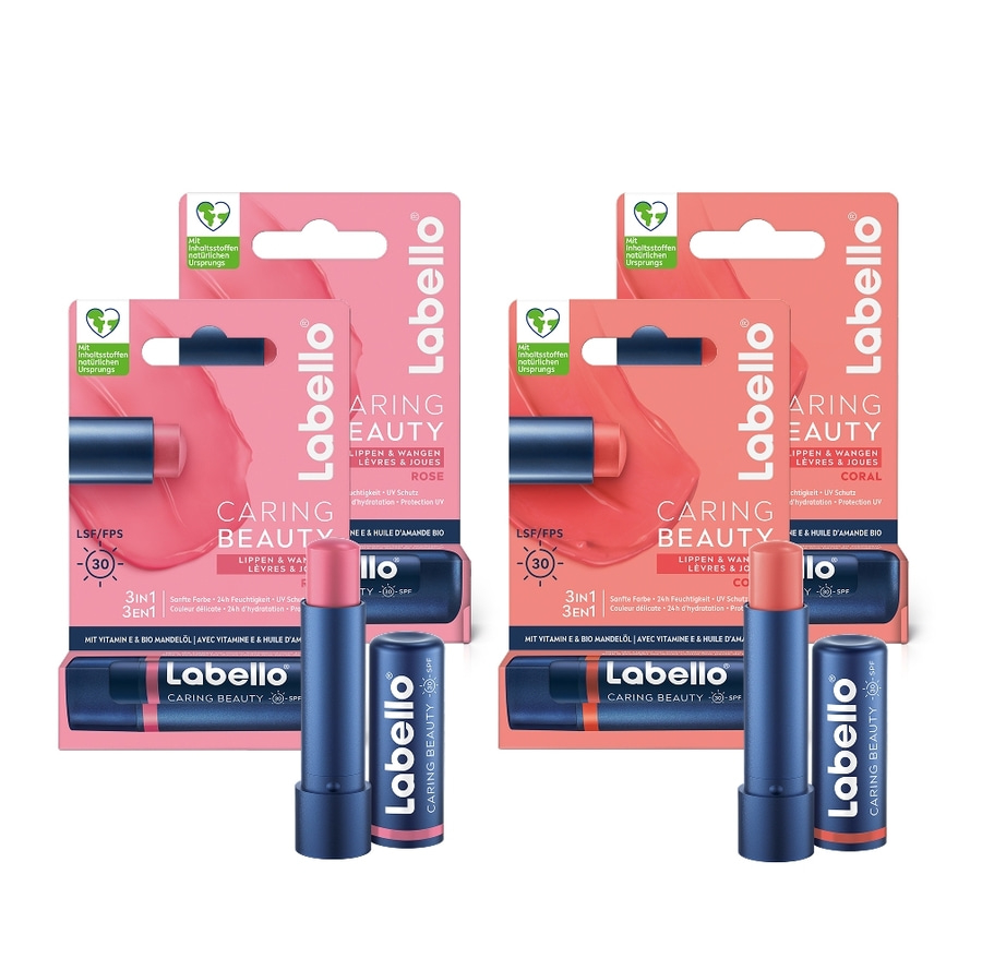 Labello Lippenpflege 'Caring Beauty Rose' und 'Caring Beauty Coral' im Doppelpack