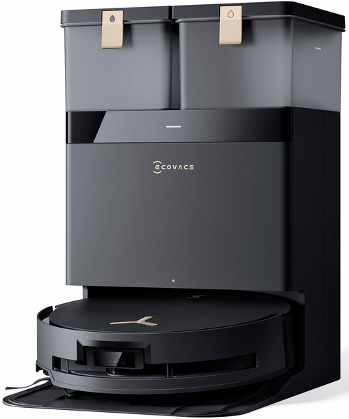 Schwarzer Roboter-Staubsauger mit Ladestation und ECOVACS-Logo, modern
