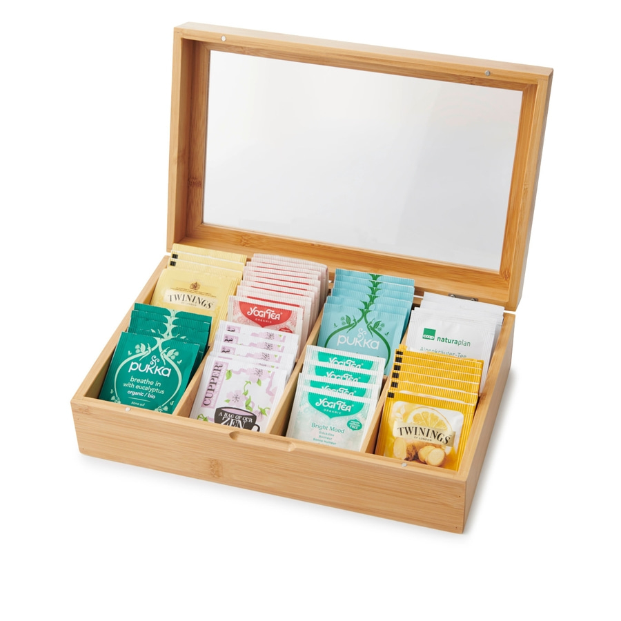 Teebox mit verschiedenen Teesorten, darunter Pukka, Yogi Tea und Twinings.