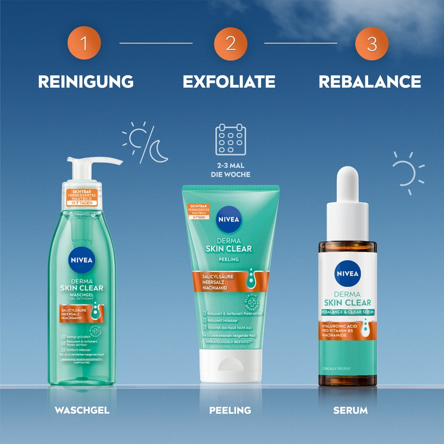 Nivea Hautpflege-Routine: Reinigung, Peeling, Serum für klare Haut.