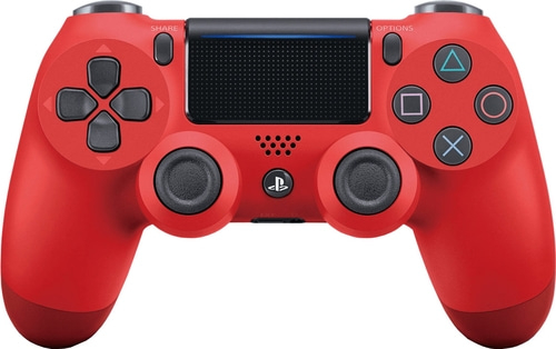 Roter Playstation 4 Controller mit Tasten und Knöpfen für Videospiele.