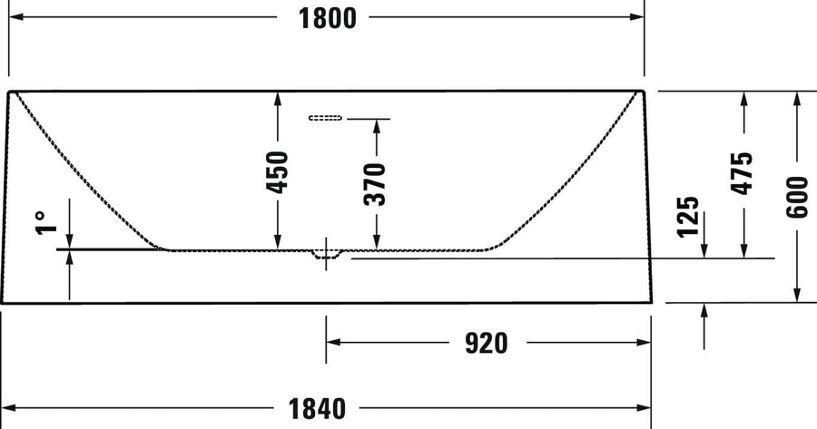 Badewanne mit Maßen: 1800, 1840, 920, 600, 475, 450, 370, 125, 1 Grad