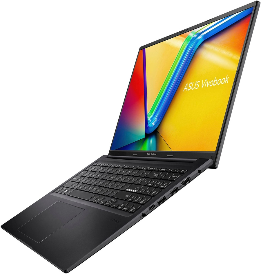 Schwarzer Laptop mit ASUS Vivobook-Logo, Tastatur und Bildschirm mit bunten Farben.