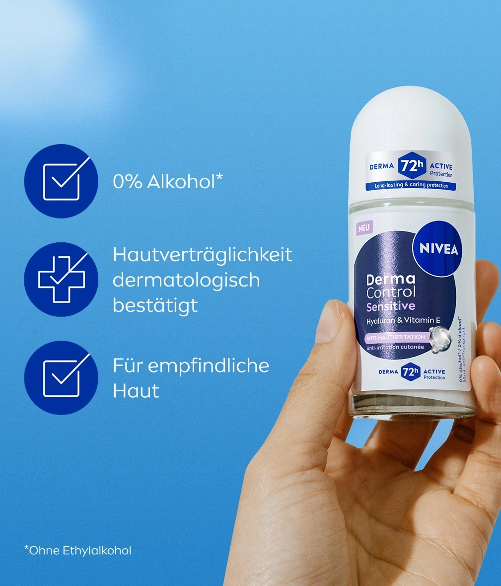 Nivea Derma Control Sensitive Deoroller mit 72h Schutz für empfindliche Haut.