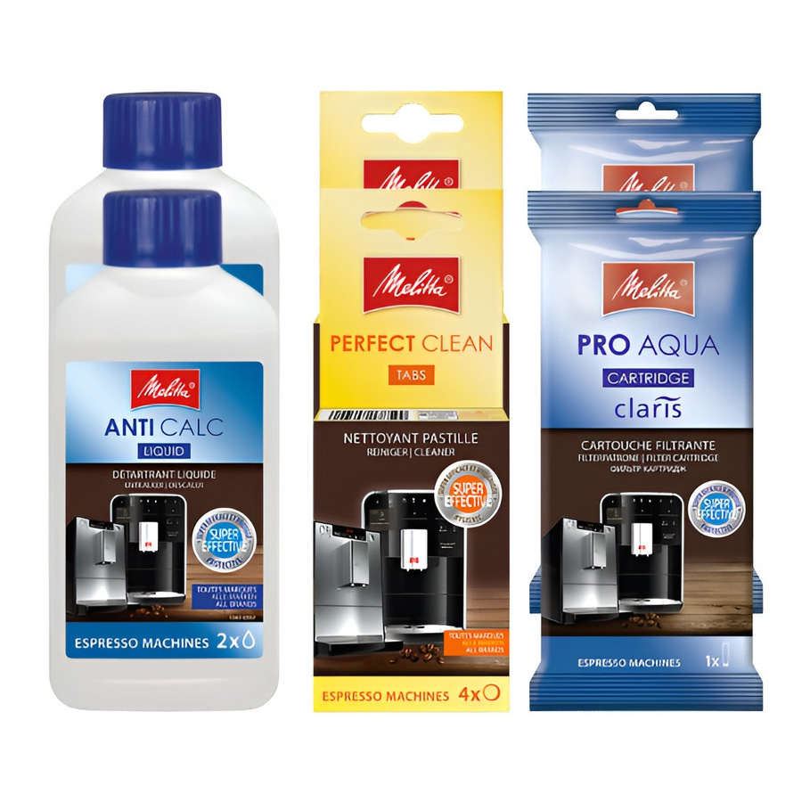 Melitta Produkte: Anti Calc, Perfect Clean Tabs, Pro Aqua Filterkartuschen für Espressomaschinen.