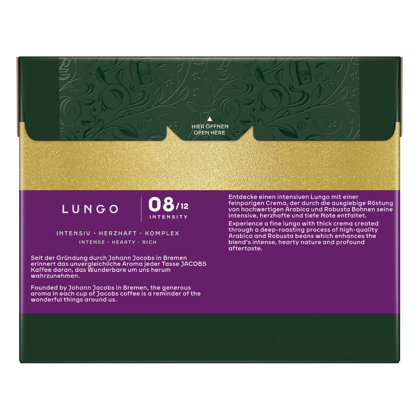Verpackung mit Kaffeepackung, Beschreibung, Lungo, Intensität und Eröffnungshinweis.