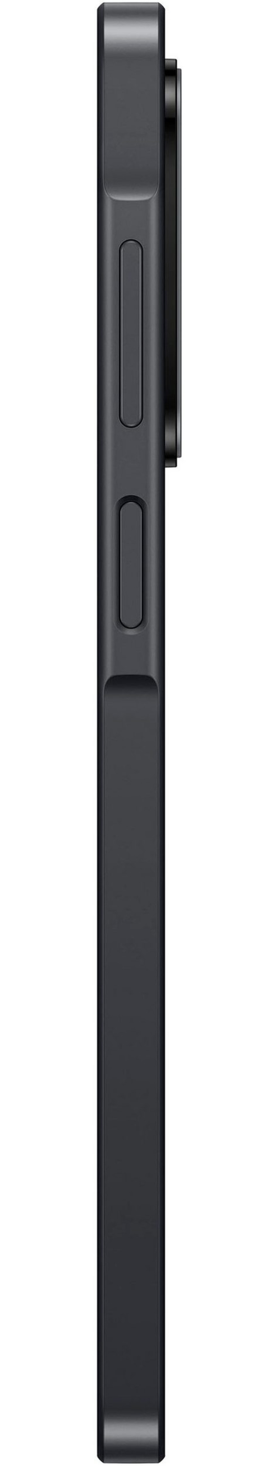 Seite eines schwarzen Smartphones mit Bedientasten und Kameraobjektiv.