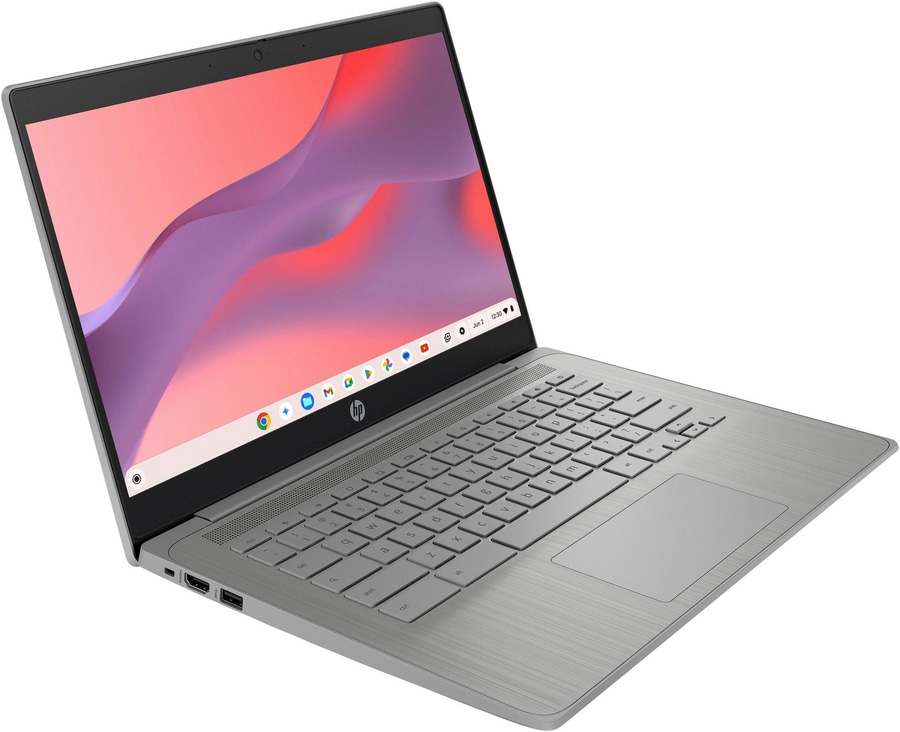 Ein silberner HP Chromebook Laptop mit einem offenen Bildschirm und Tastatur.