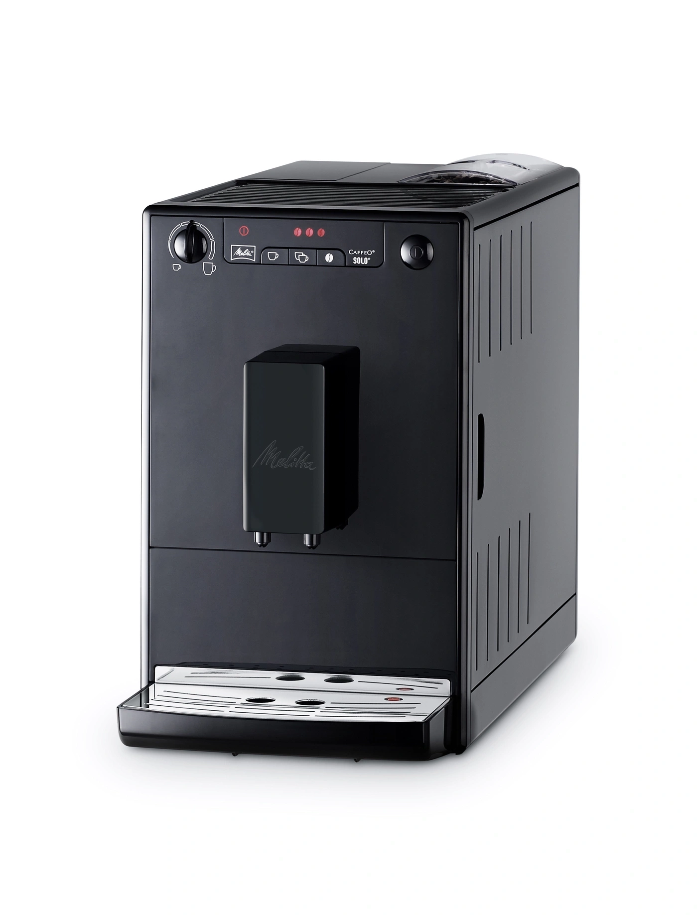 Schwarze Kaffeemaschine mit Melitta-Logo und Bedienfeld, isoliert auf weißem Hintergrund.