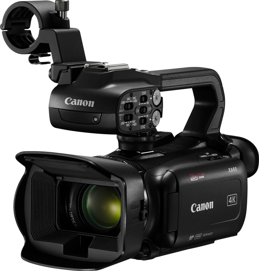 Canon XA60 Camcorder, 4K-Video, 20x optischer Zoom, professionelle Kamera, schwarz, mit Griff und Mikrofon
