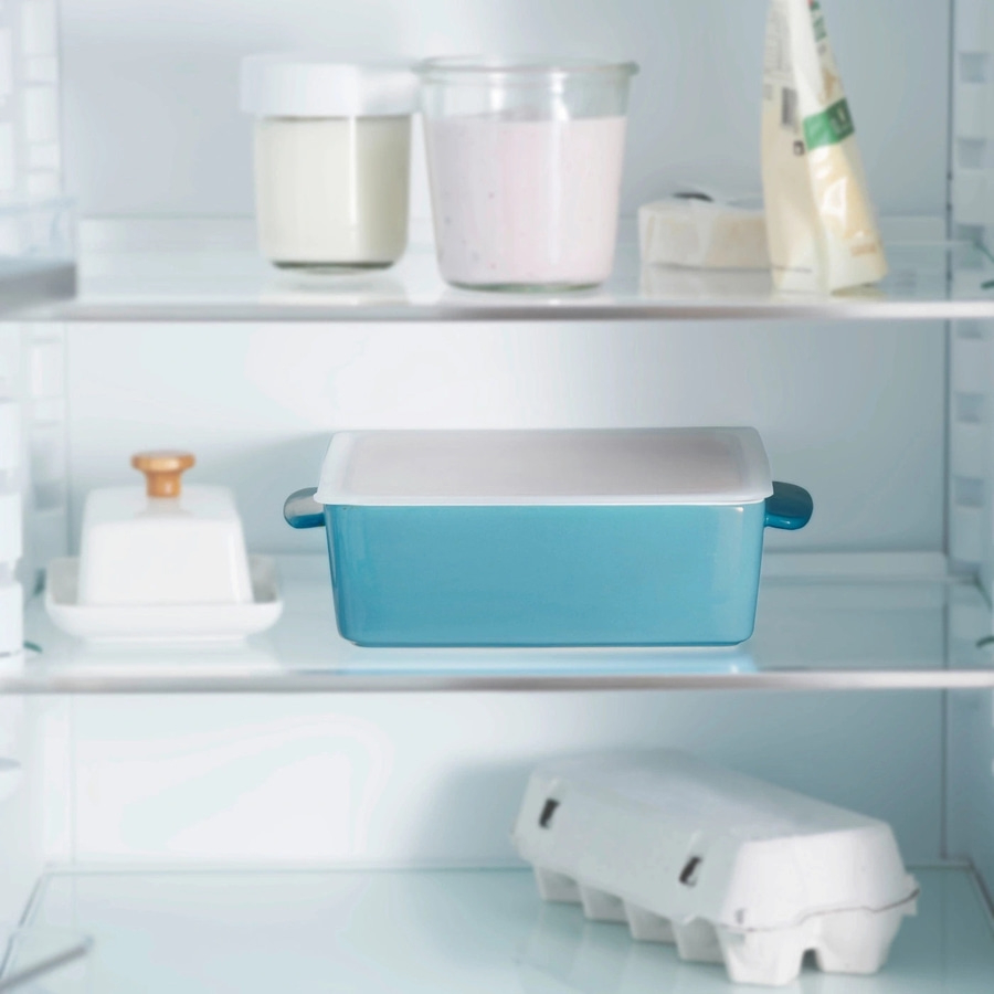 Kühlschrank mit Lebensmitteln: Joghurt, Butter, Eier und eine blaue Schüssel.