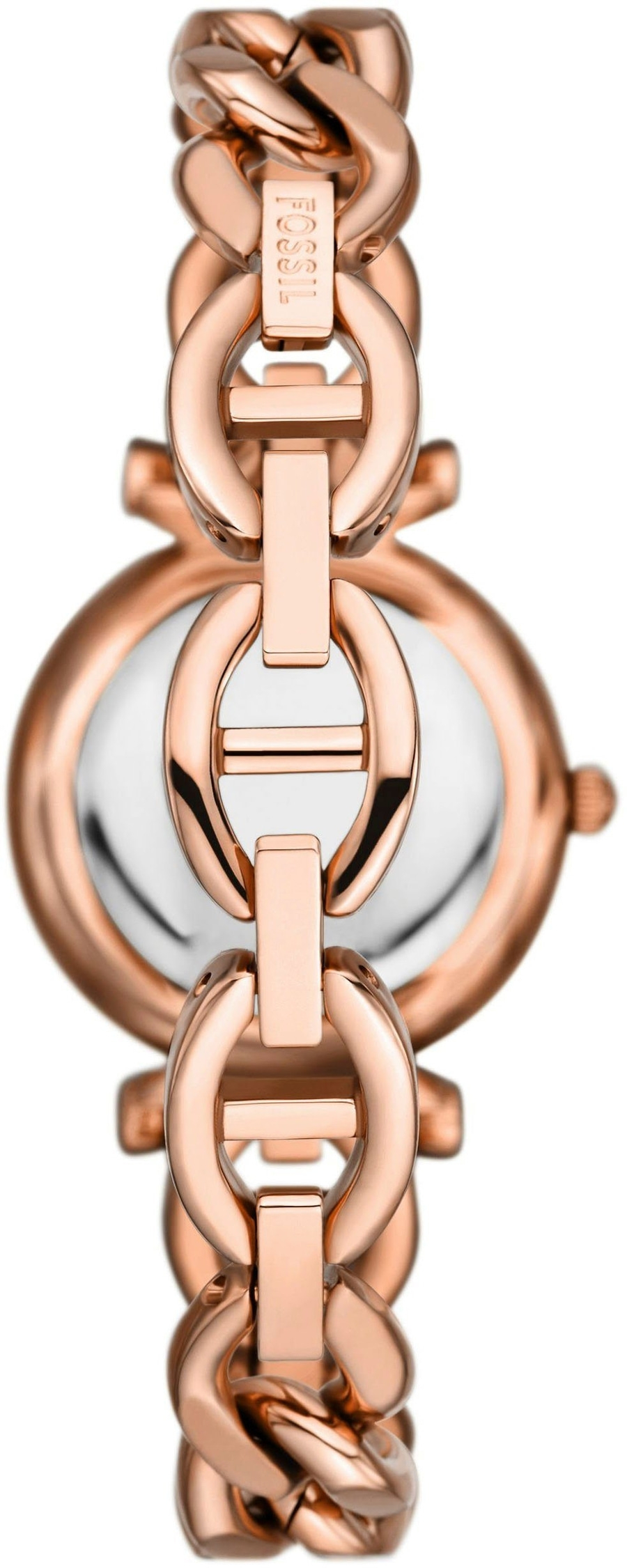 Nahaufnahme einer roségoldenen Fossil-Uhr mit Kettengliedern und weißem Zifferblatt
