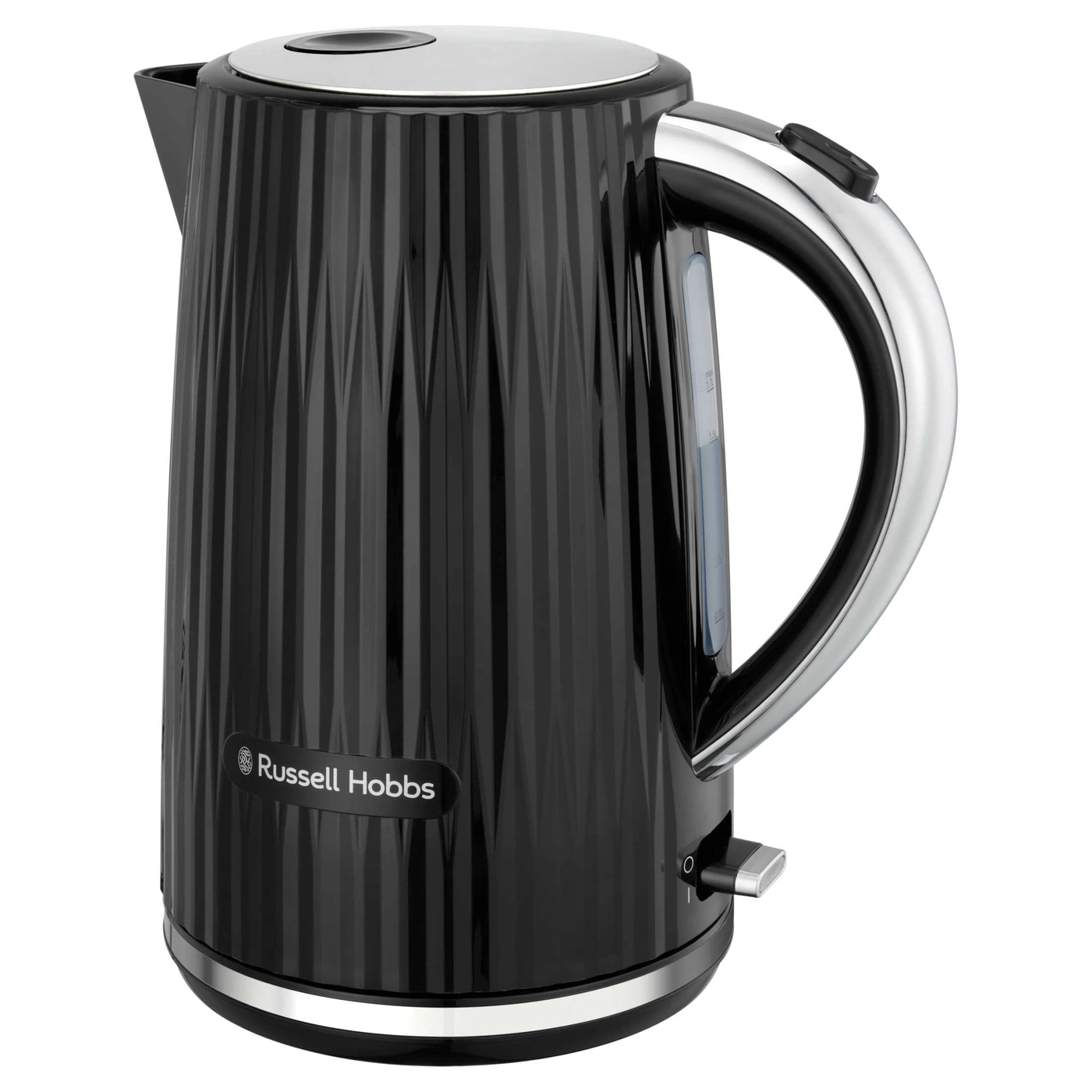 Schwarzer Wasserkocher mit silbernen Akzenten und Russell Hobbs Logo, modernes Design.
