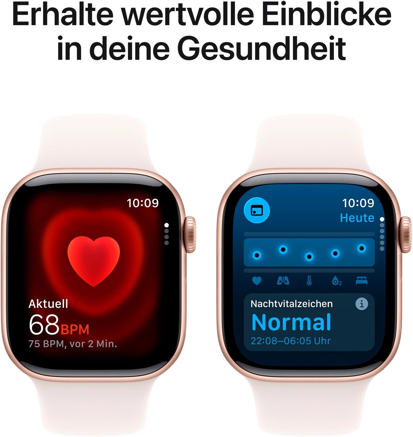 Smartwatch zeigt Gesundheitdaten an: Herzfrequenz und Nachtvitalzeichen.