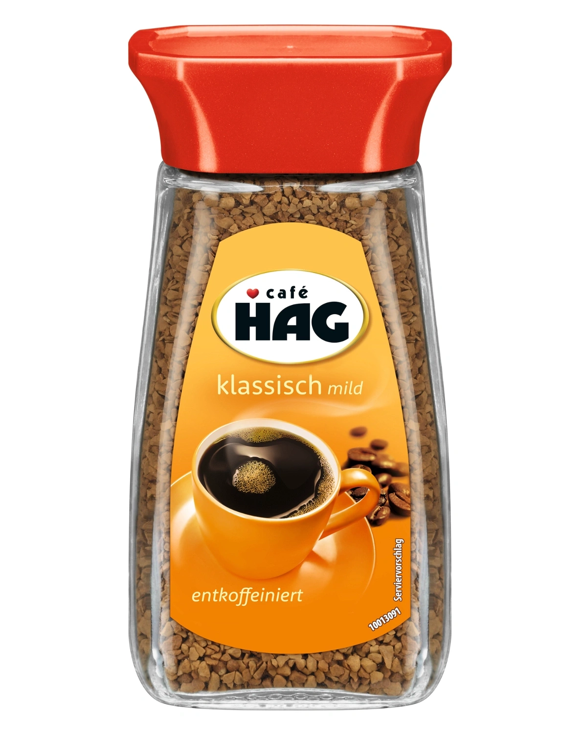 Kaffee Hag, klassisch mild, entkoffeiniert, Glas mit rotem Deckel, Kaffeebohnen