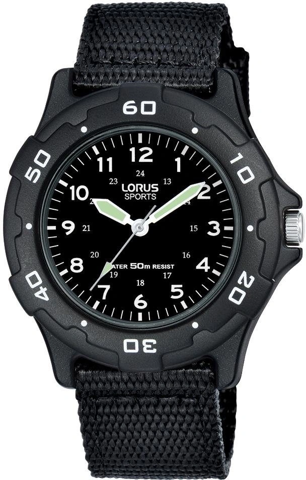 Schwarze Lorus Sportuhr mit schwarzem Armband und hellgrünen Zeigern.