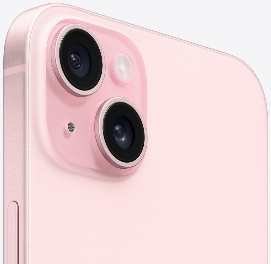 Nahaufnahme eines rosa Smartphones mit Kameraobjektiven und Mikrofon
