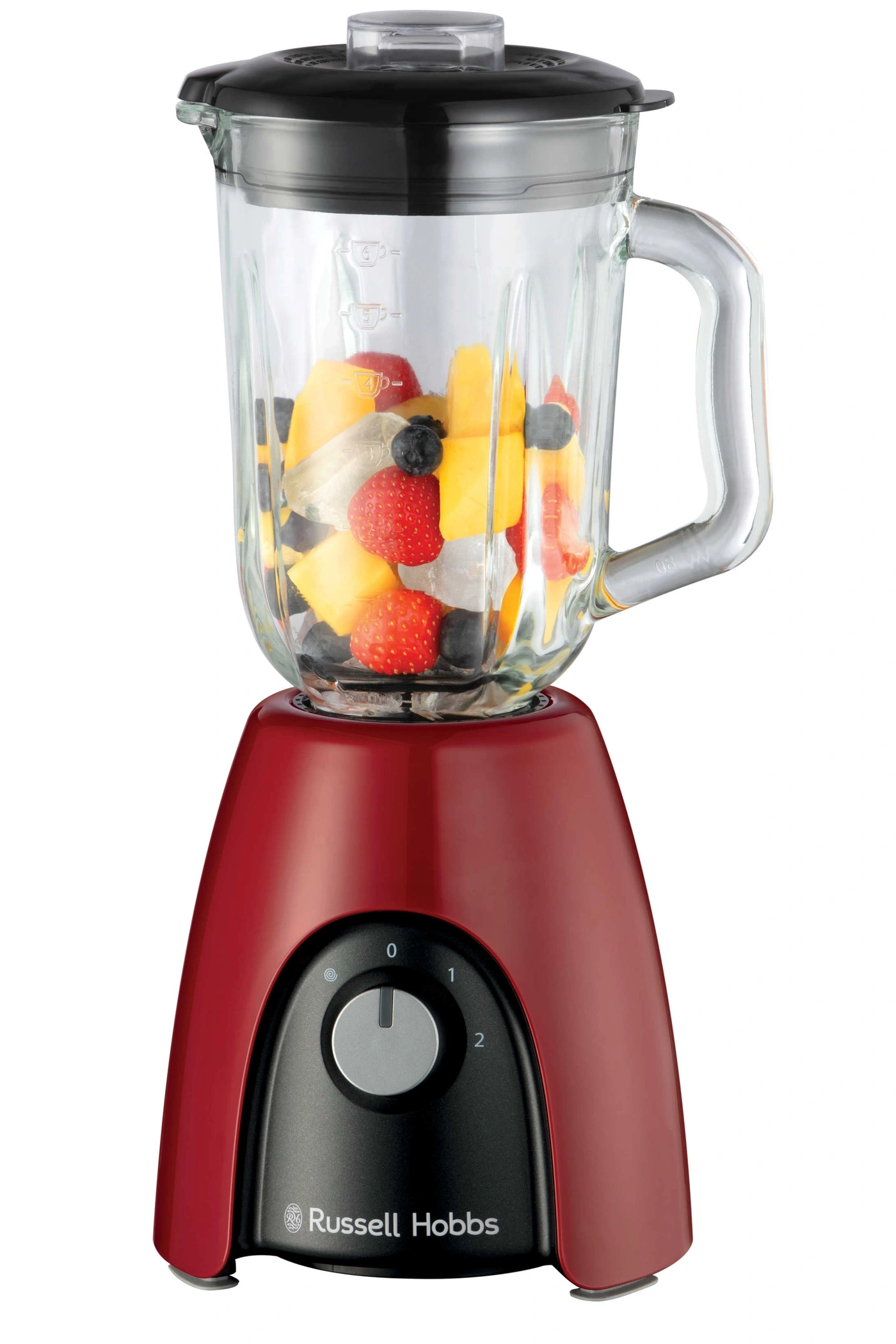 Roter Mixer mit Früchten, Glasbehälter und schwarzem Deckel. Russell Hobbs.