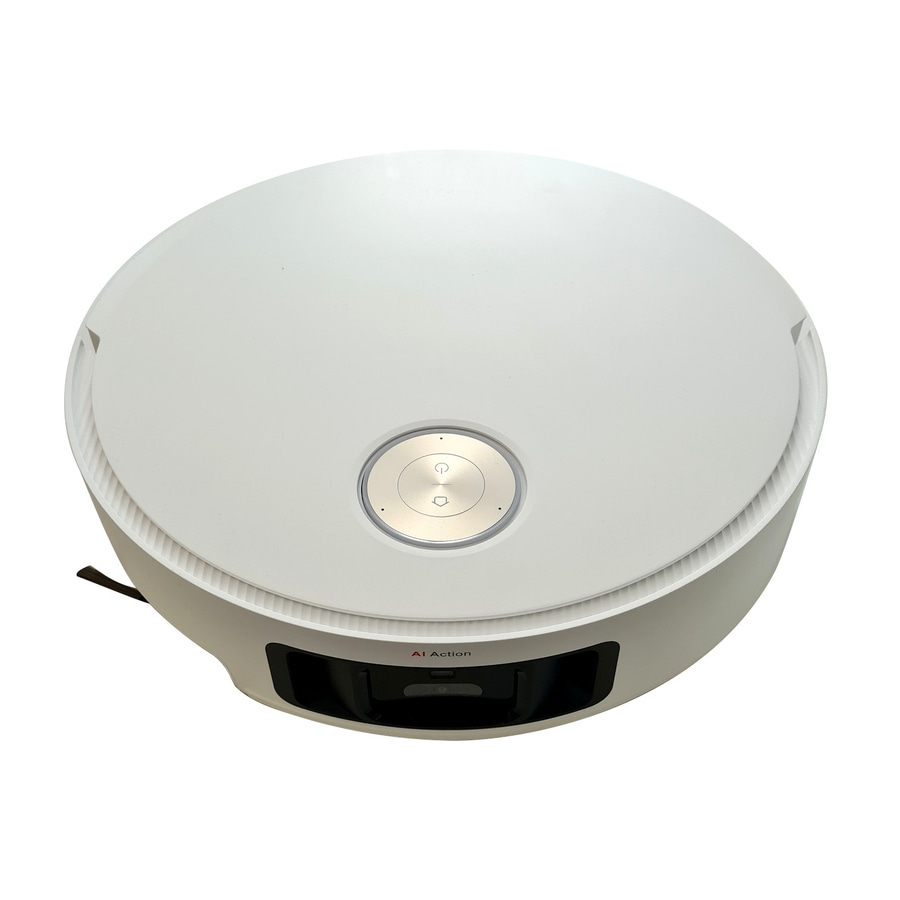 Weißer Roboterstaubsauger mit runder Form und Bedienfeld