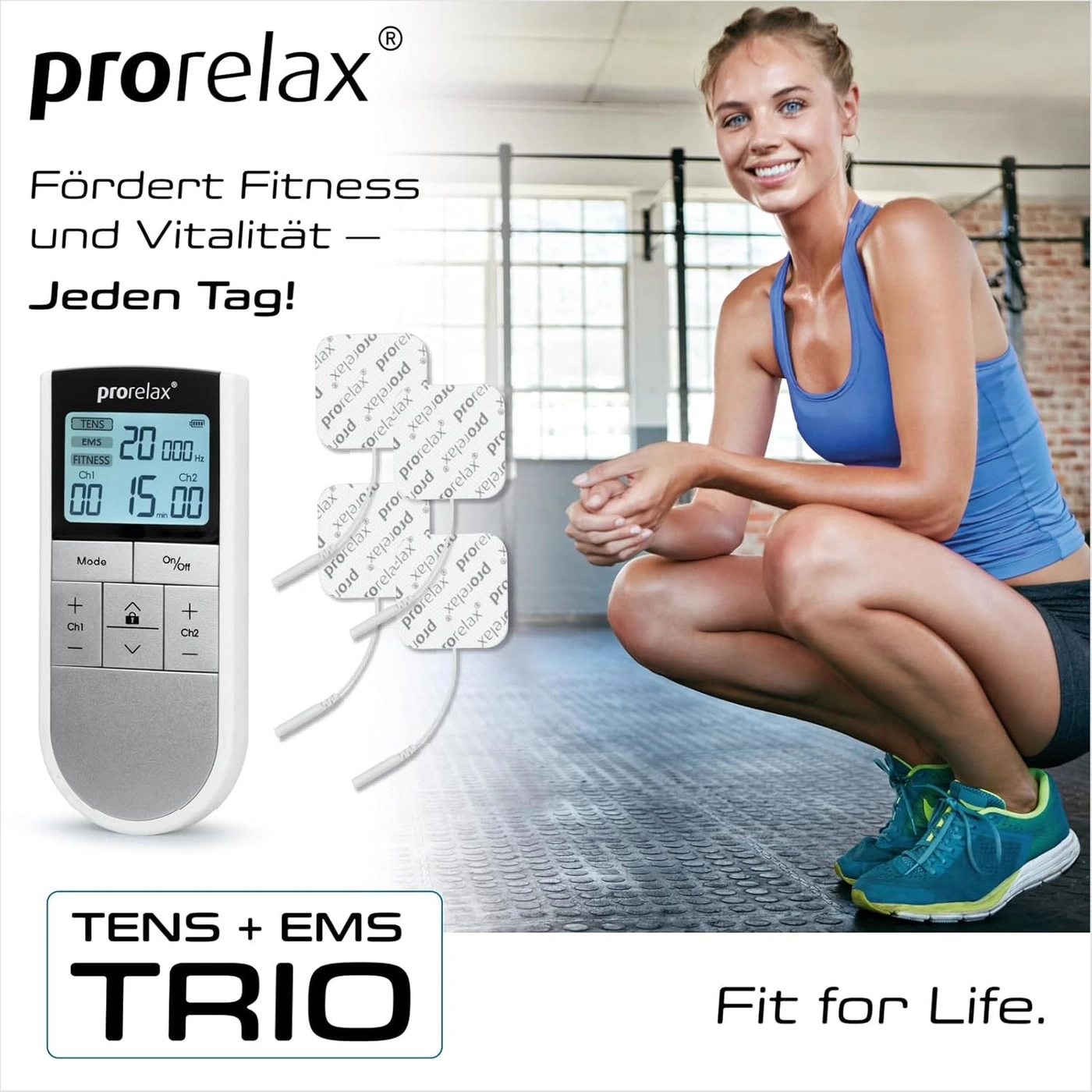 Werbung für ein TENS + EMS Gerät mit einer Frau, die Fitness fördert.
