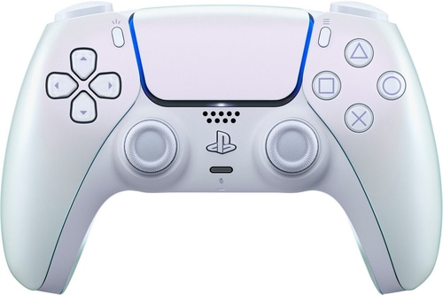 Ein weißer PlayStation 5 Controller mit blauen Akzenten und allen Knöpfen.