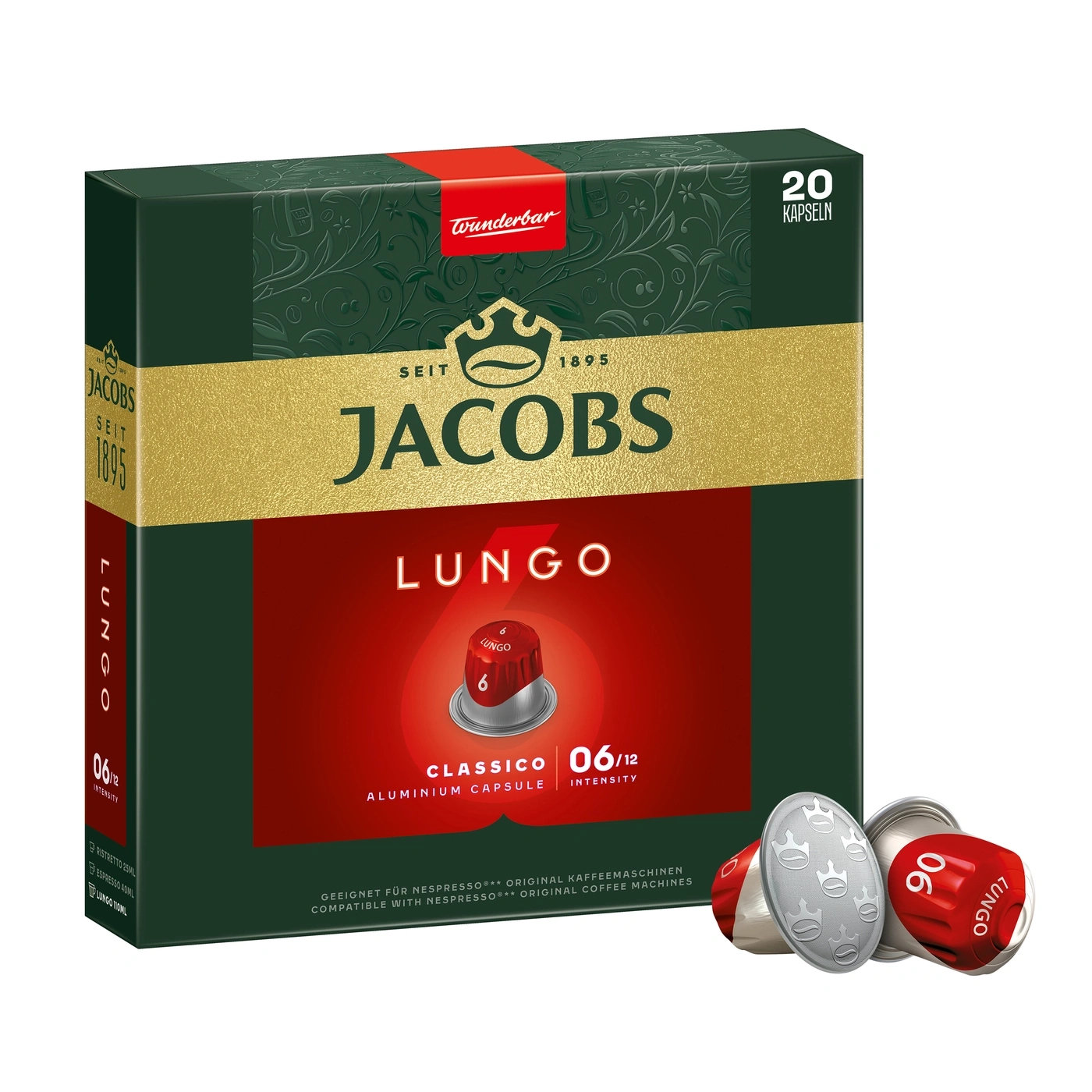 Eine Packung Jacobs Lungo Kaffee Kapseln mit 20 Stück.