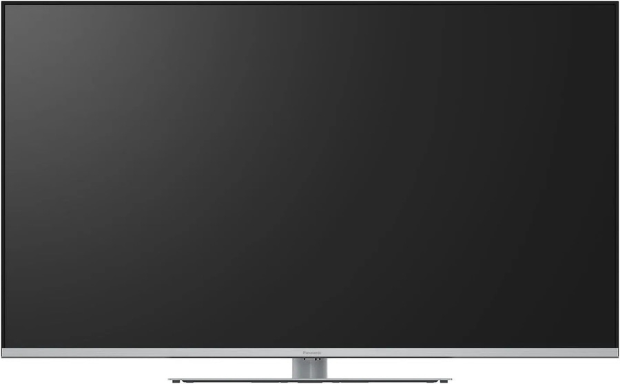 Ein großer, schwarzer Fernseher mit silbernem Rahmen und Standfuß. Panasonic.